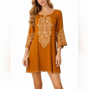 CHIC CONNECTION Mustard Yellow Floral Embroidered Boho Peasant Mini Dress